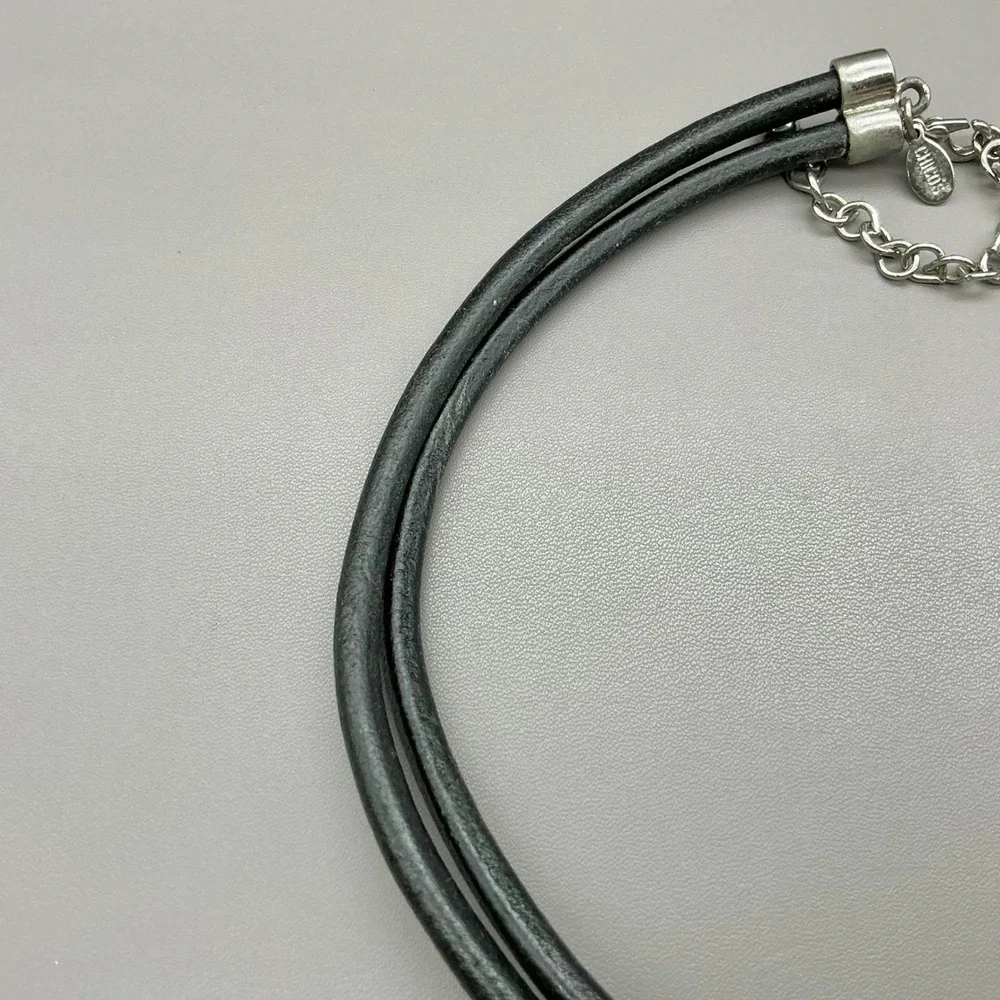 Chico's Necklace Black Double Cord Silver Tone Blue Art Glass Statement Pendant